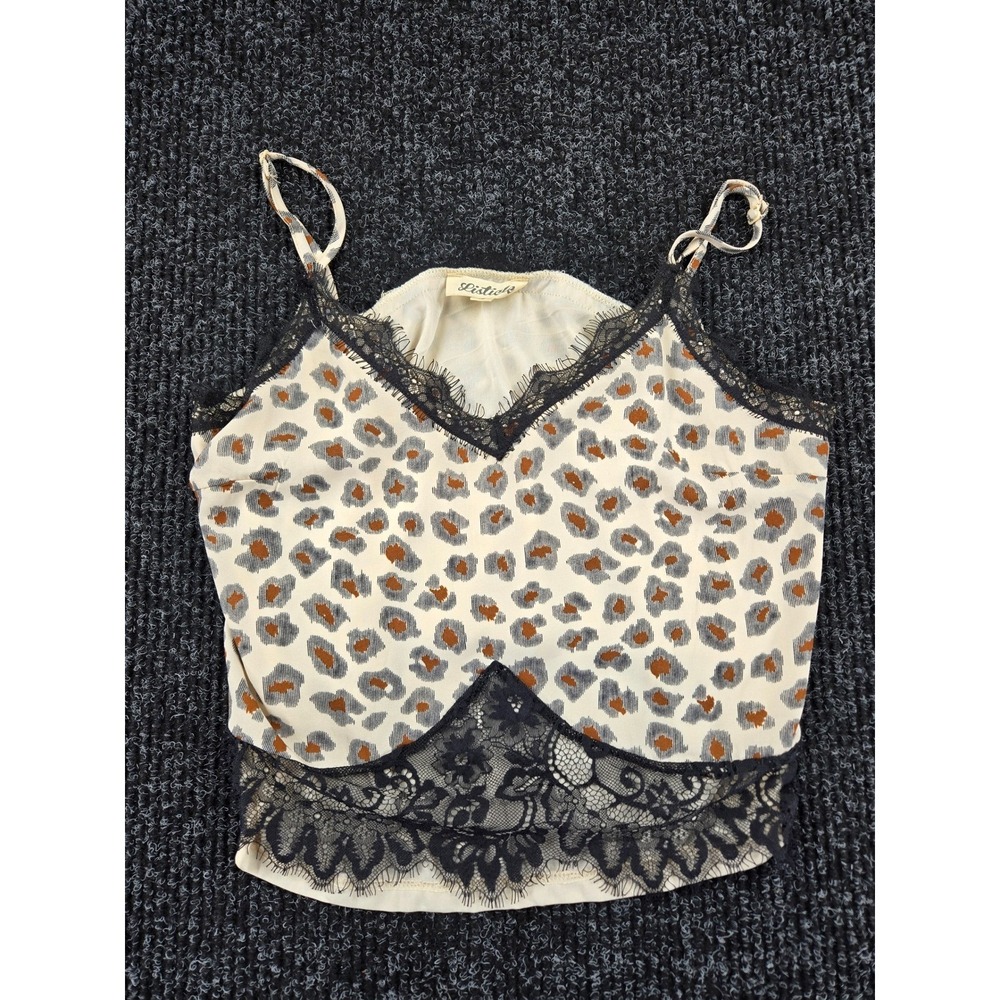 Listicle Leopard Print Lace Trim Camisole Top Small Cropped Cami Cream Black